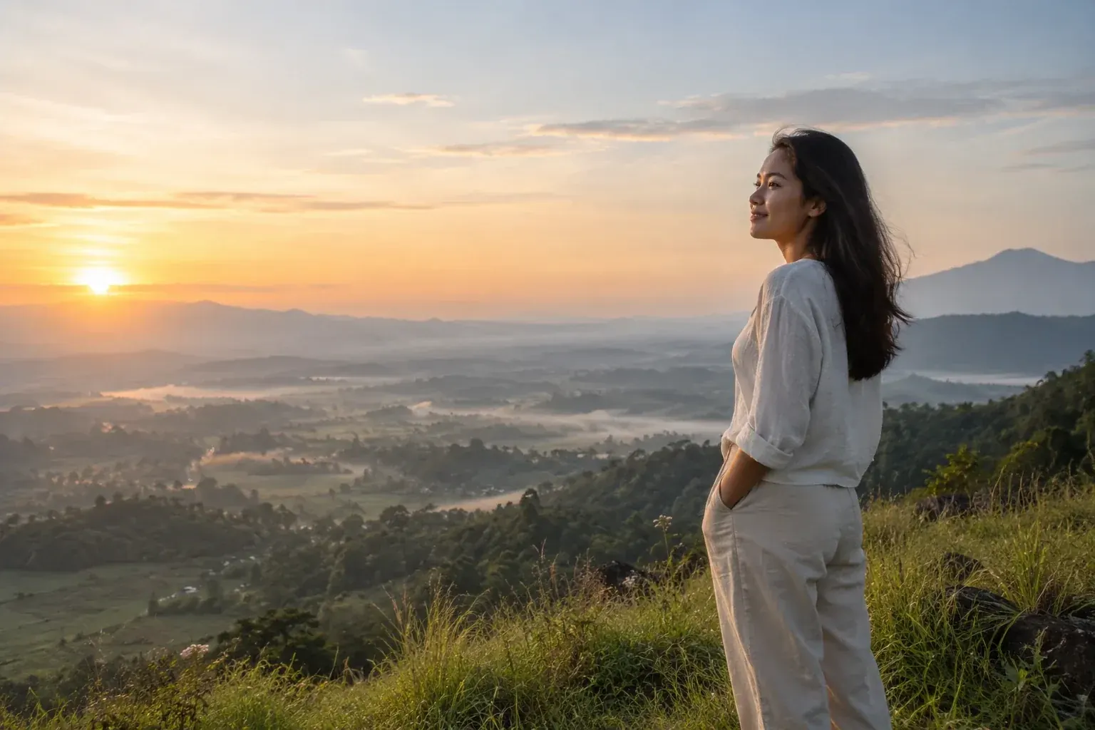 A young woman stands on a hilltop at sunrise, looking over a misty valley