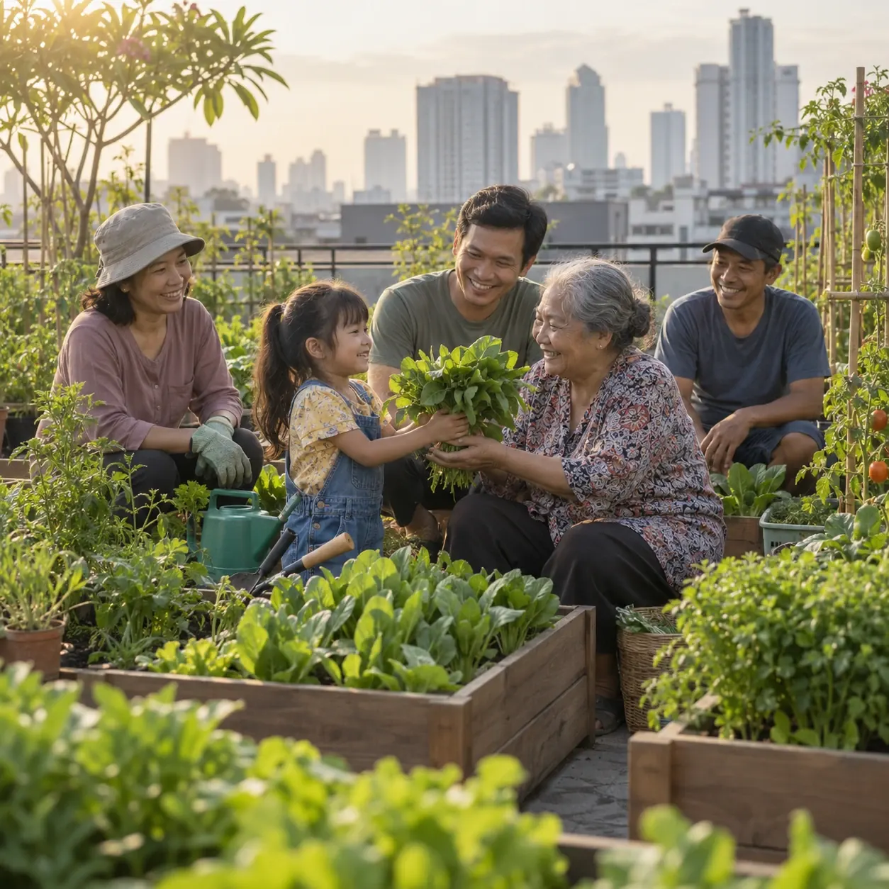 Three generations of a family tend a rooftop vegetable garden with their neighbours in the city