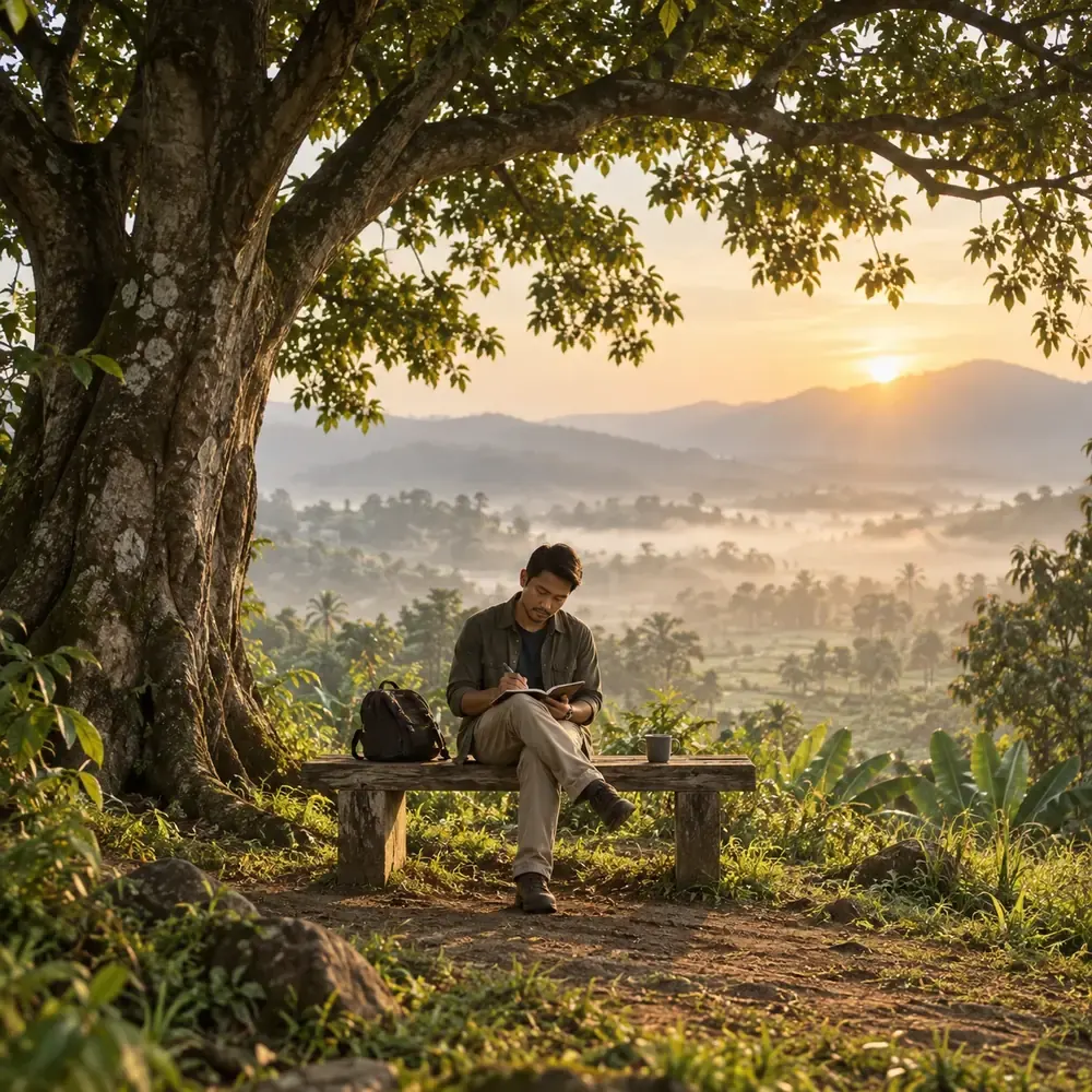 A man writes in his journal on a bench beneath an old tree at sunrise