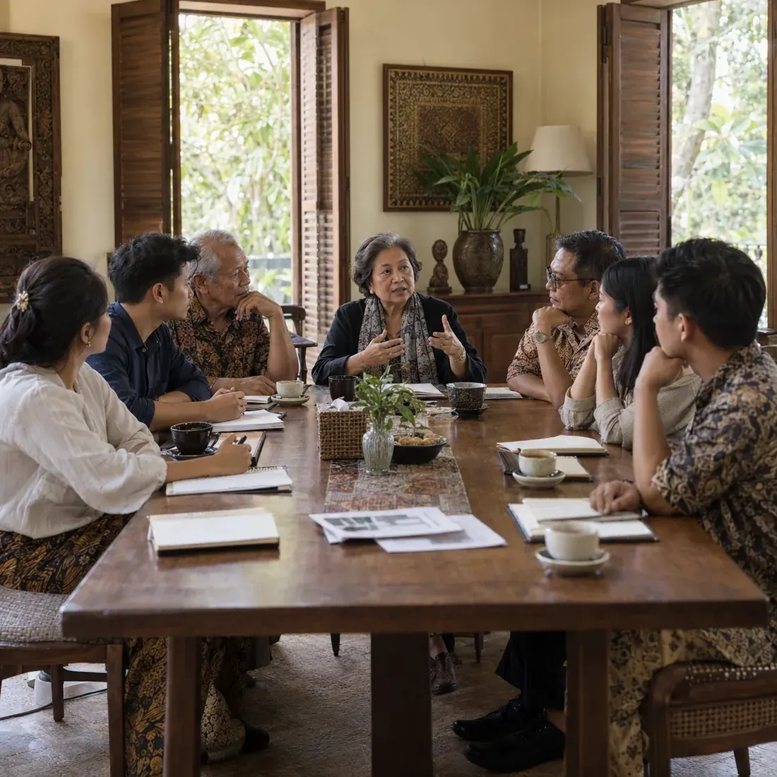 Founders and successors from several family businesses learn together around a long table