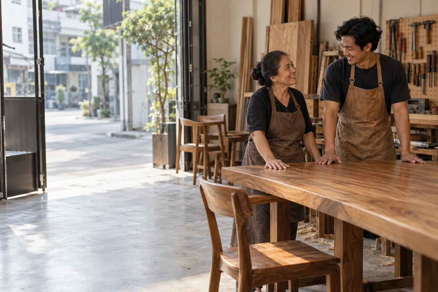A mother and her son run their hands over a newly finished teak table in their family furniture workshop