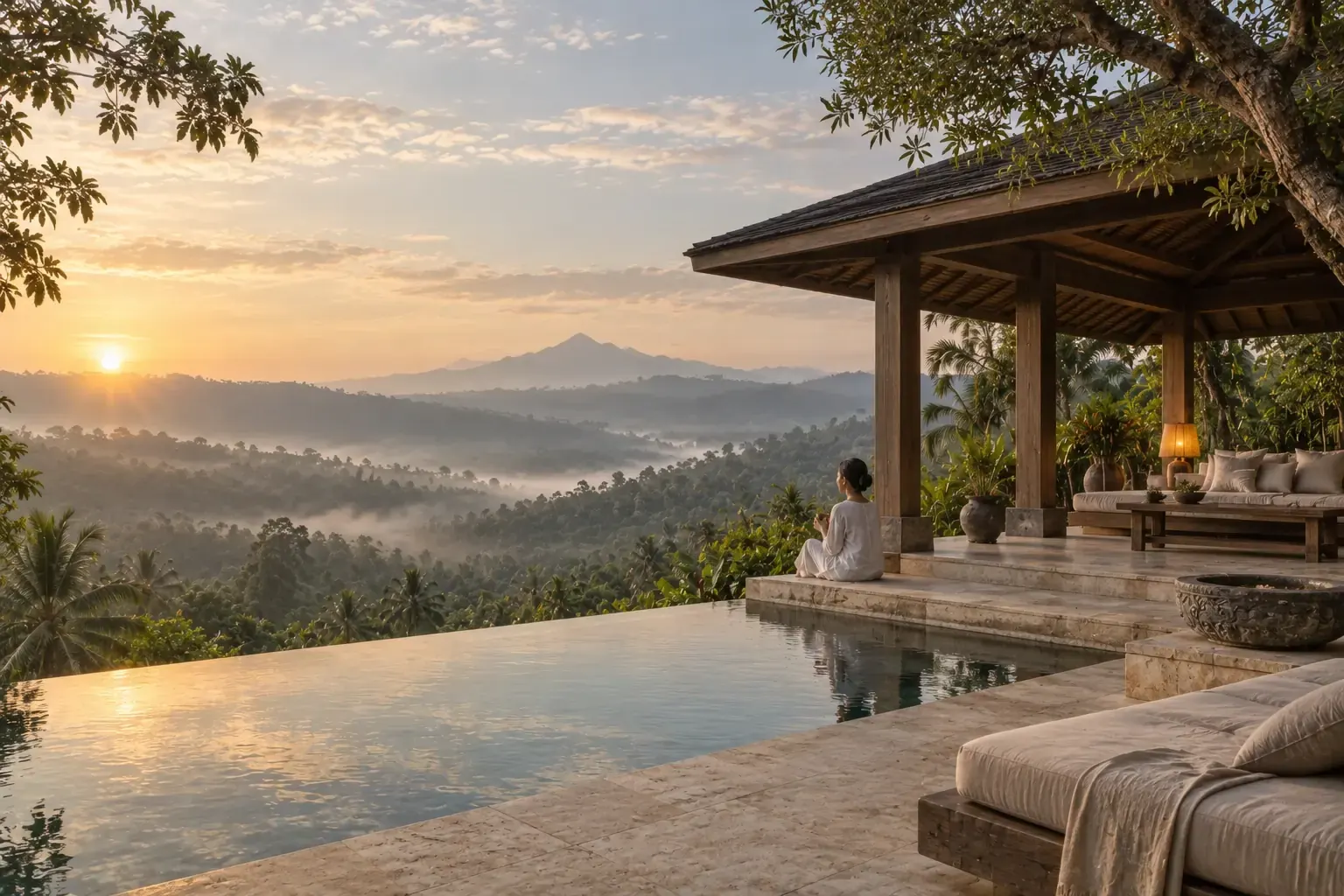 A quiet terrace overlooking a green valley