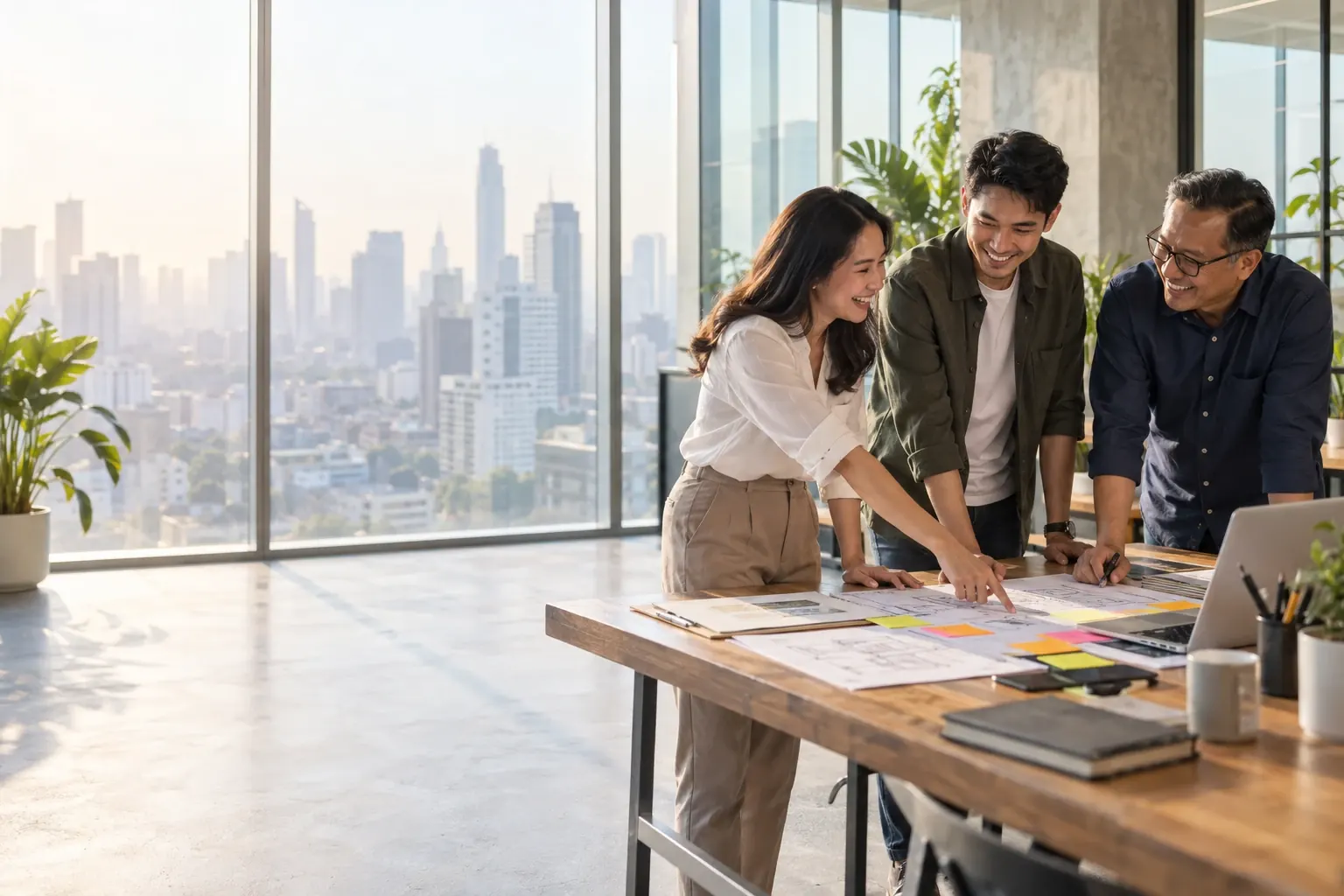 Three colleagues laugh together over plans at a worktable in a high-rise office