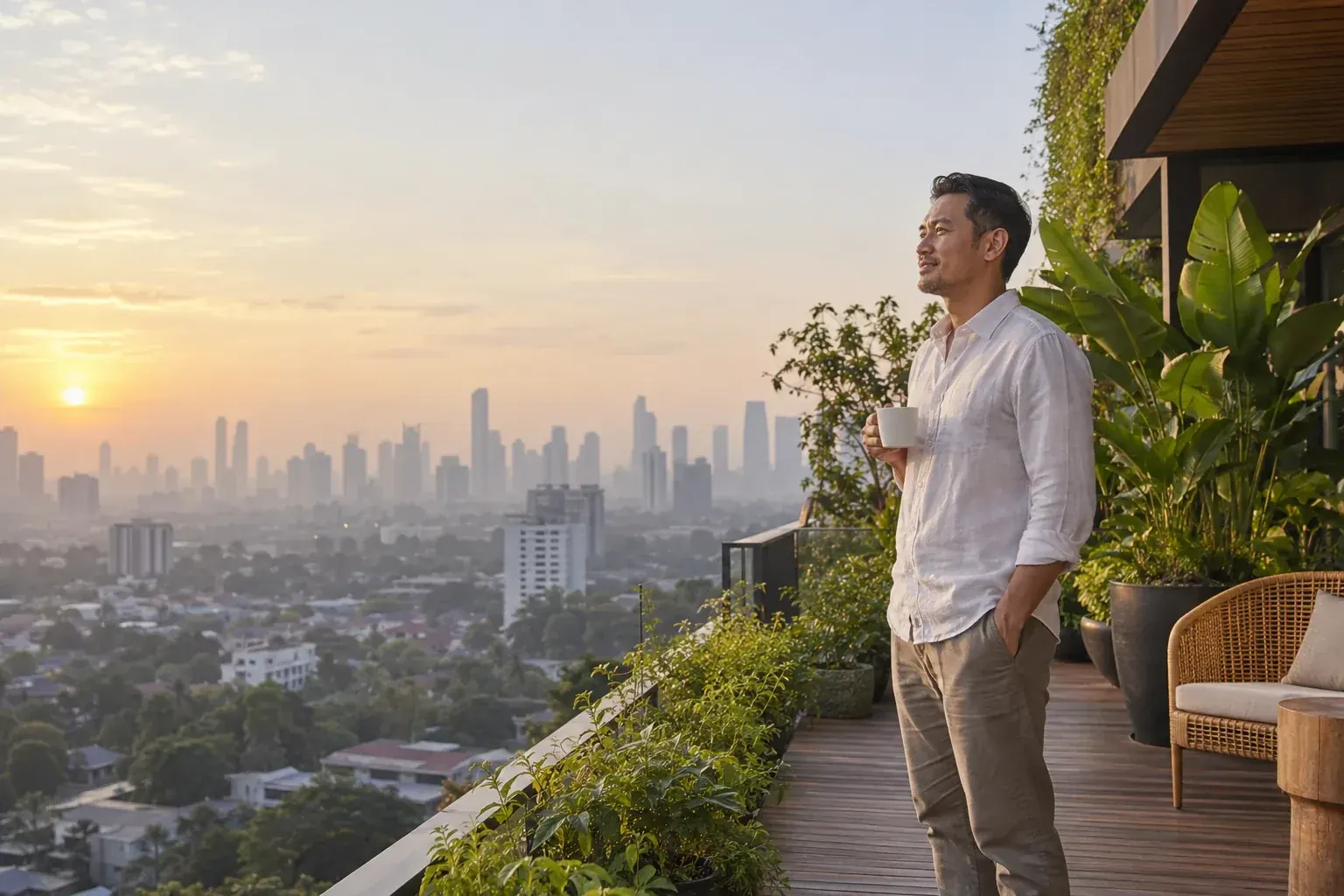 A man pauses with a cup of tea on a planted rooftop terrace above the city at sunrise