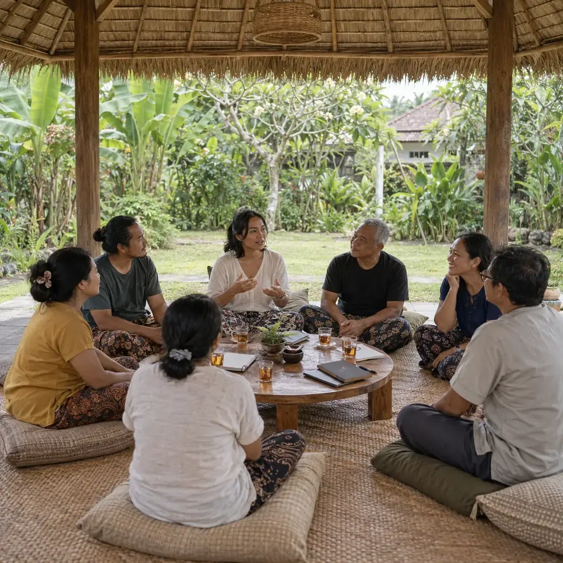 A small community circle shares together in a garden pavilion