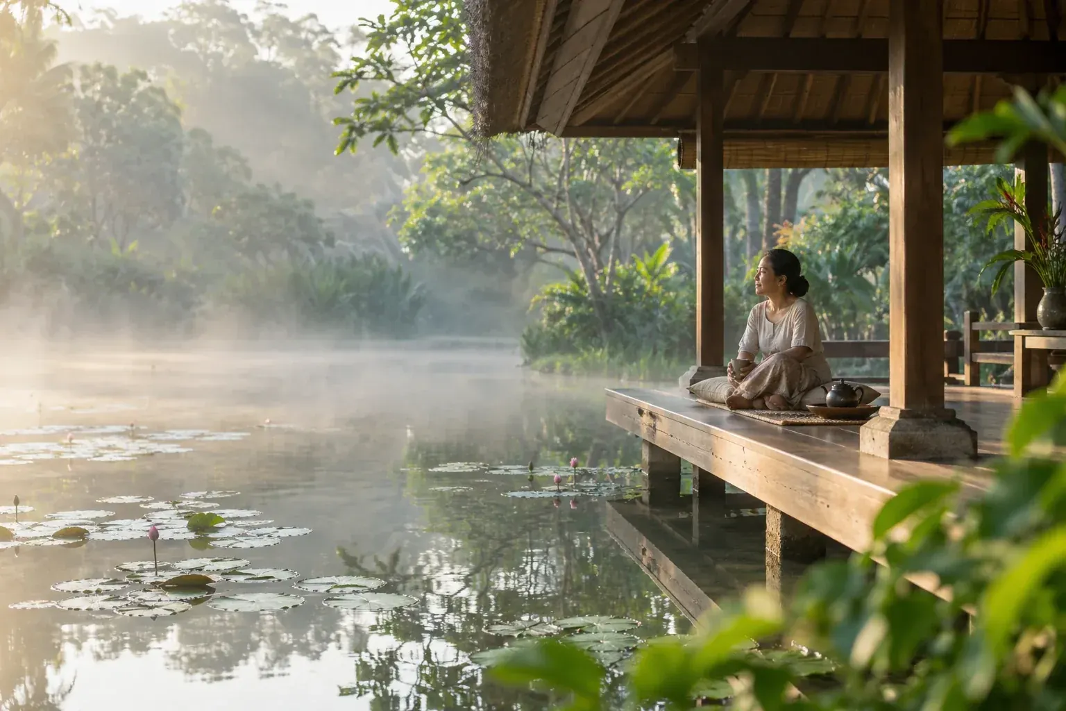 A woman sits quietly in a pavilion above a misty lily pond
