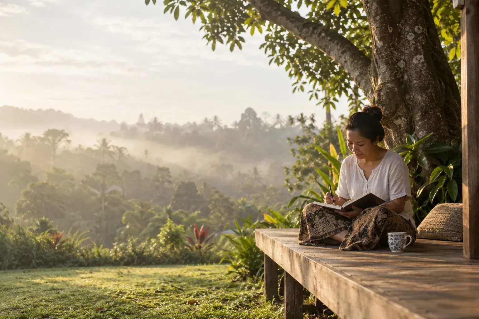 A woman writes in her journal on a wooden deck beneath a large tree