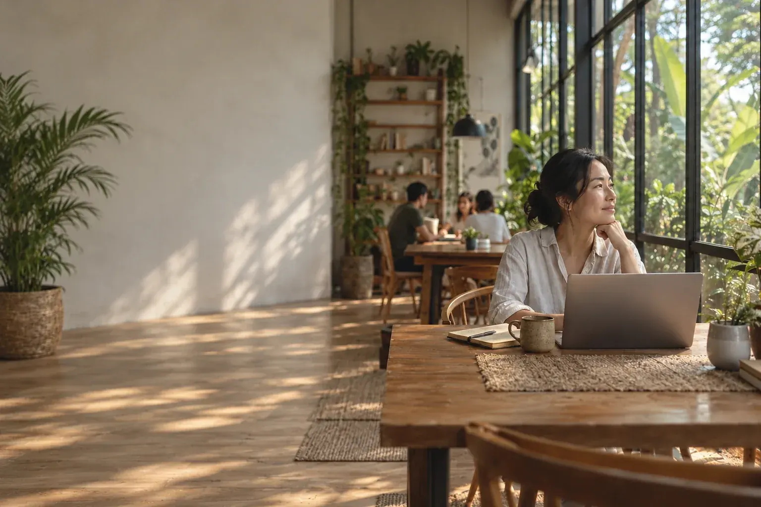 A woman pauses by the window of a calm, green workspace while colleagues talk in the background